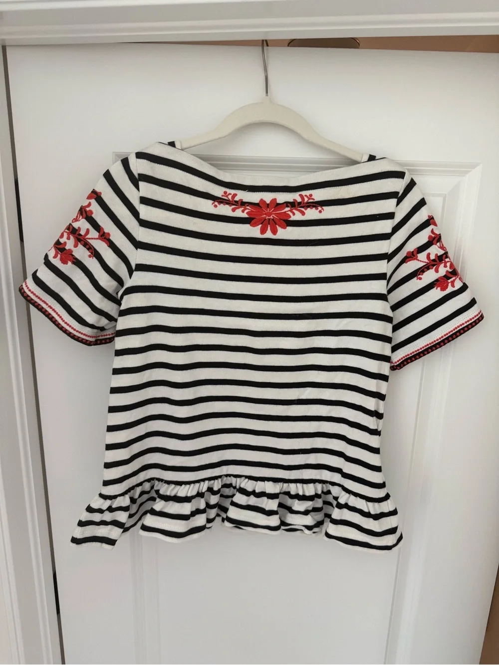 Kate Spade Ruffle-Hem Top with Red Floral Embroidery